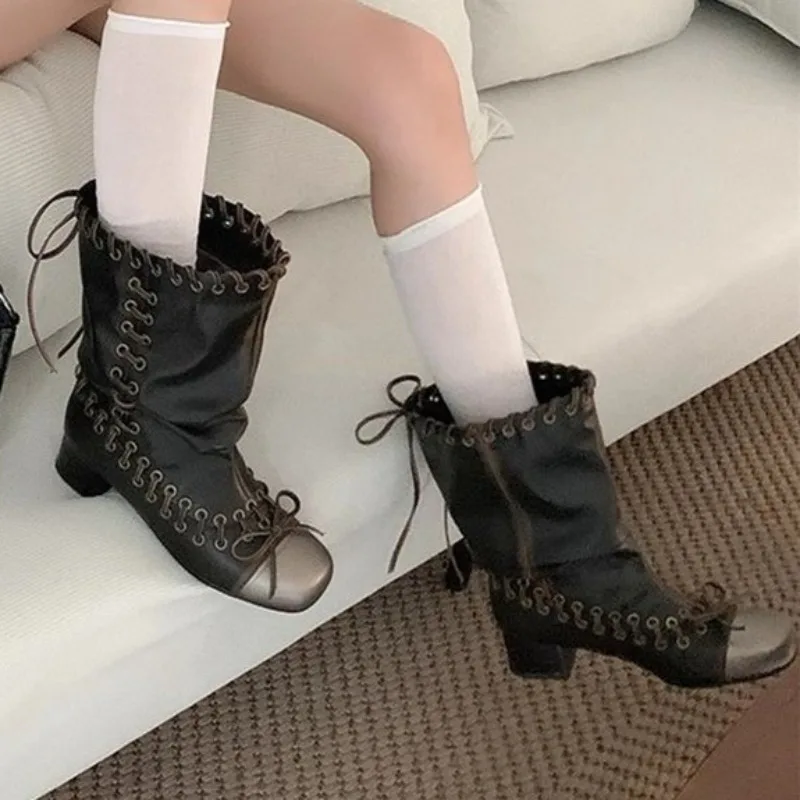 Square Toe Lace-Up Bow Pleated Fashion Boots Vintage Big Barrel Wrap Block Heel Stack Mid-Barrel Boots for Women