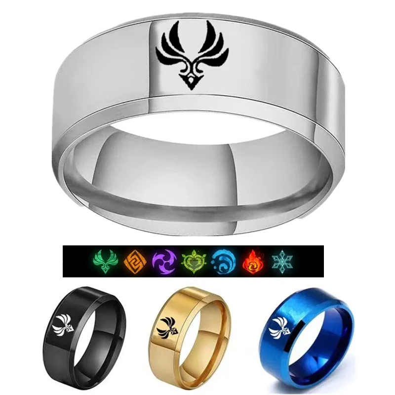 Aroutty Anime Genshin Impact Finger Rings Cosplay Jewelry Eye Of God Grass Fire Wind Water Thunder Ice Rock Stainless Steel Ring