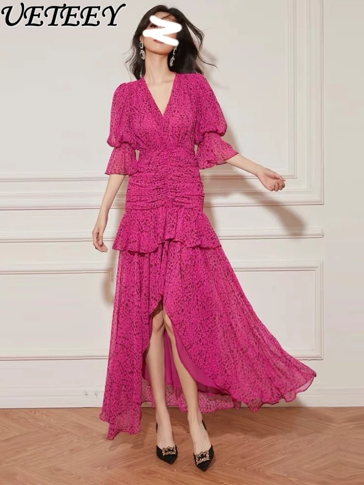 

French Style High Sense Temperament Leopard Print Silk Dress Female 2024 Summer New Layered Sense Cinched Slimming Long Dresses