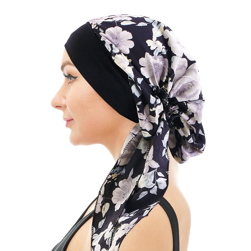 Kobiety wstępnie wiązane turban czapka chustka na głowę muzułmański hidżab rak chemo kwiatowy nadruk nakrycie na kapelusz wypadanie włosów szalik na głowę Wrap Strech chustka
