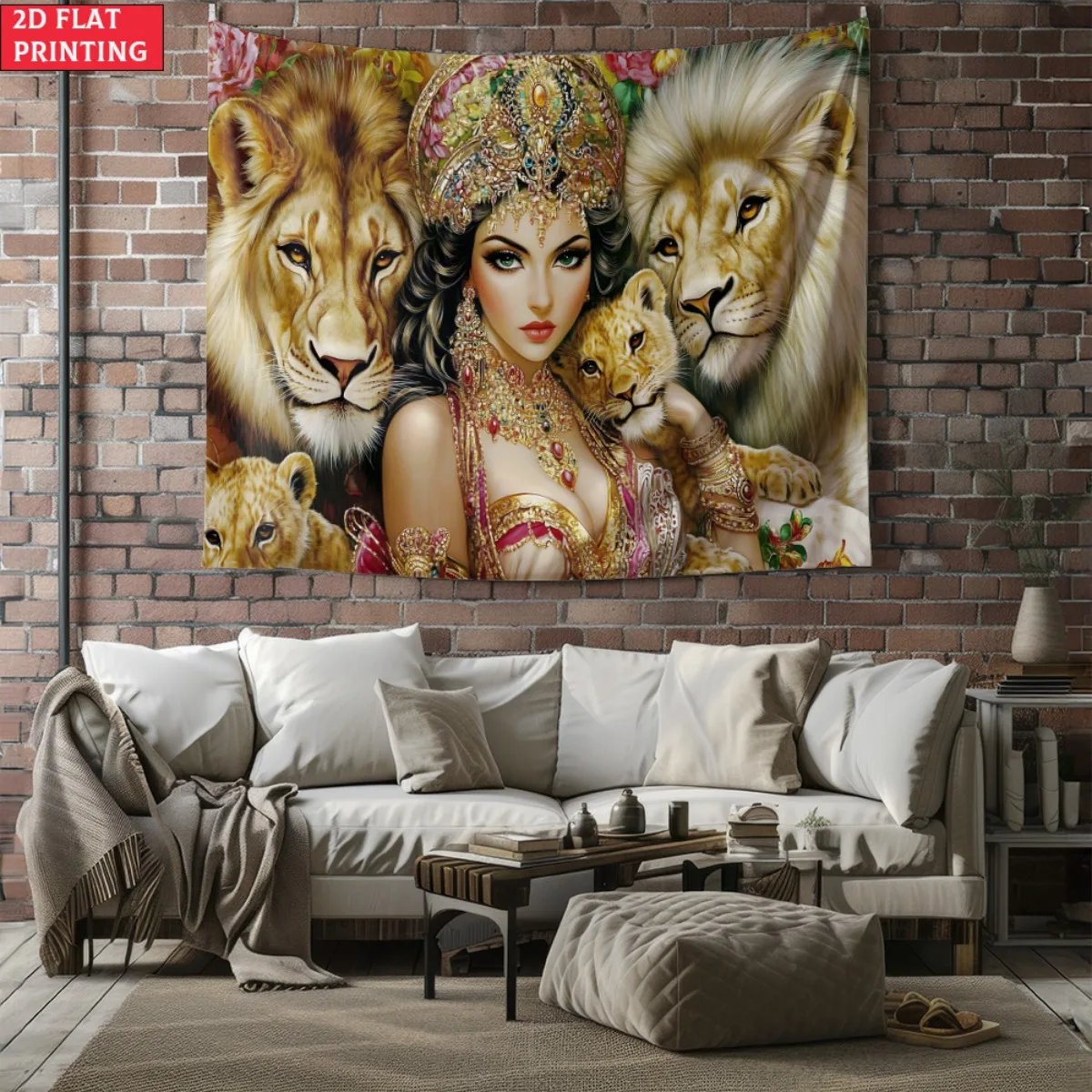 unframed Queen with Lions Royal Fantasy Wall Tapestry Mythical Art Decor Majestic Animal Print Home Decoration Exotic Princess S
