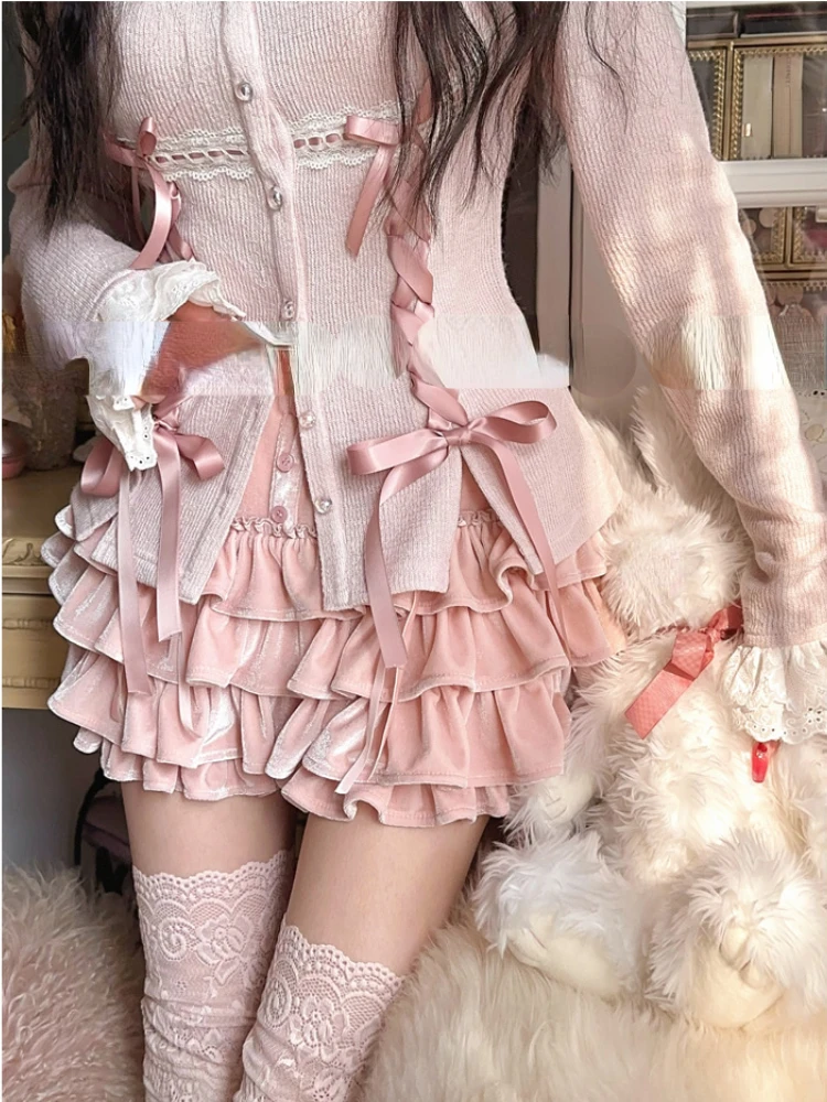 Pink Lolita Kawaii 2 Piece Set Women Korean Elegant Party Mini Skirt Suit Female Knitted Lace Blouse  + Elastic Sweet Skirt 2024