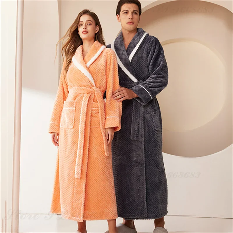 Albornoz Kimono de lana de Coral cálido para hombre, bata larga de franela gruesa, ropa de dormir para el hogar, ropa de dormir suelta, Otoño e