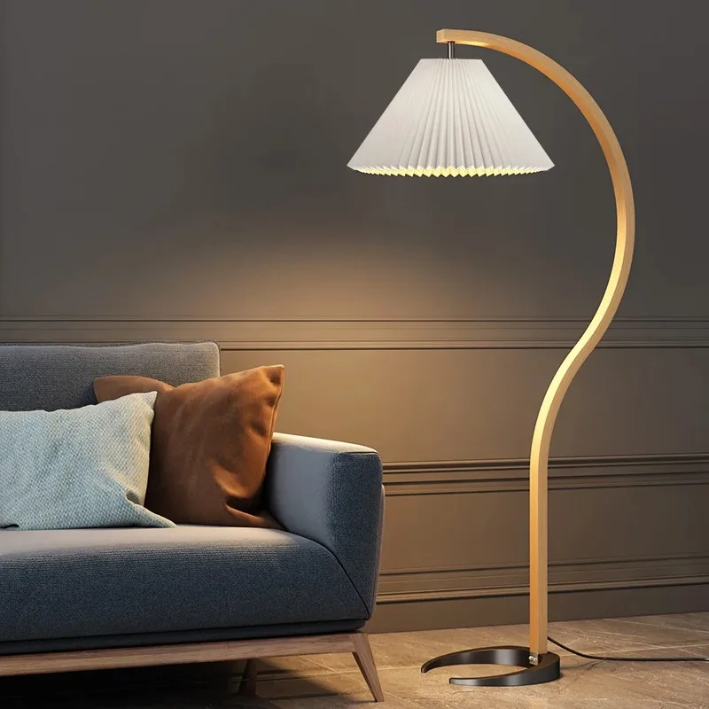 

Room Decoration Floor Lamp Atmosphere Living Room High-End Feeling Bedroom Study Pleated Solid Wood Antique Standing Table Lamp