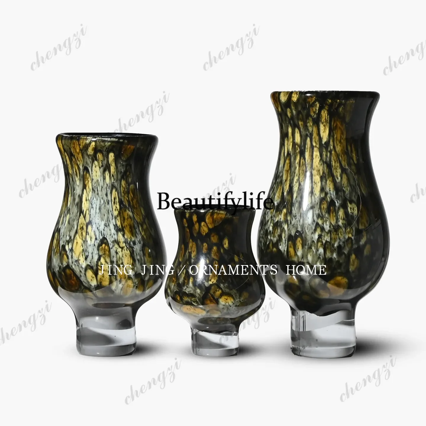 f182 French retro leopard print malachite green glass vase bell mouth coffee table front desk bookshelf decoration