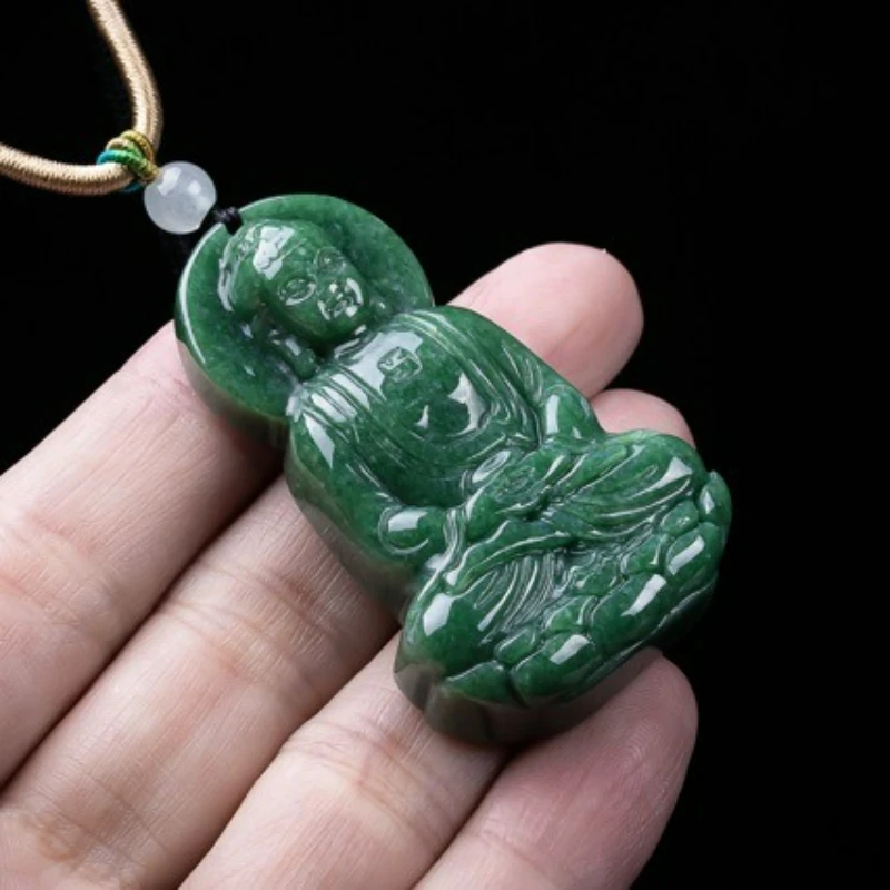 Natural A-grade Jade Bean Green Three-dimensional Buddha Amitabha Ice Jade Pendant Necklace Men and Women Ping An Amulet Gift
