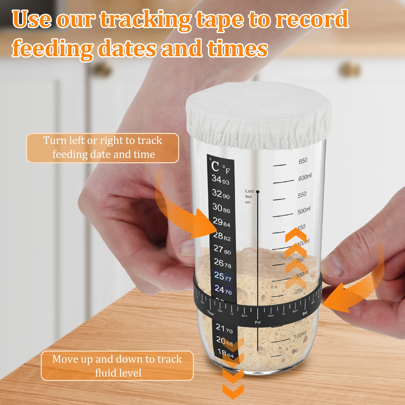 7Pcs Sourdough Starter Kit with Cloth Covers Temperature Date Marked Feeding Bands and Scraper for 3-4 In Jars Baking Supplies