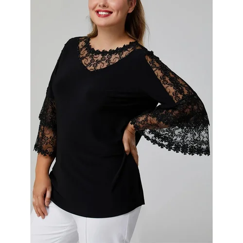 Imagen 2 del producto Camisetas elegantes de talla grande con retazos de encaje para mujer, camisetas informales holgadas con volantes y cuello redondo, manga acampanada 3/4 para verano y oficina