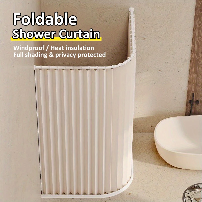 Foldable Shower Curtain Lightweight Portable Easy Fold Storage Travel Carry with Hooks for RV Camper Outdoor Trip Compact Space