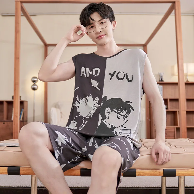 Anime One Piece Luffy Modal Men Pajamas Set Japanese Summer Cute Cartoon Silk Cool Vest Shorts Loungewear Suit Student Homewear