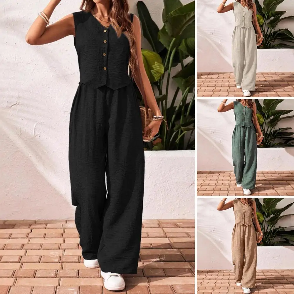

Women Two Piece Set Polyester Spandex Stylish Women's V Neck Button Down Vest High Waist Wide Leg Pants Set for Summer Office