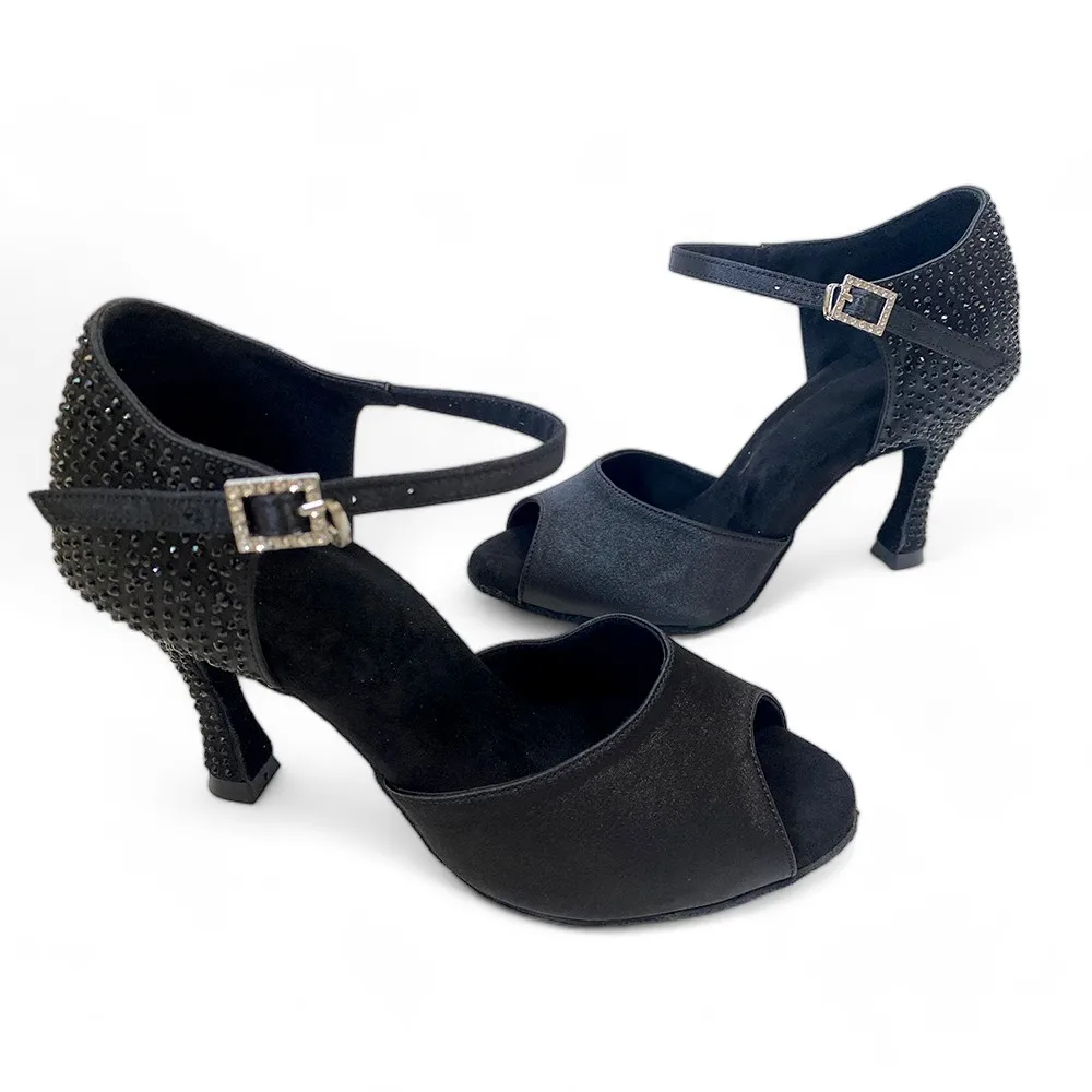 Zapatos de baile latino para Salsa, calzado Sexy de satén negro con diamantes de imitación, tacones personalizados de 9cm, 8cm, 10cm, 7cm, 6cm, 2024