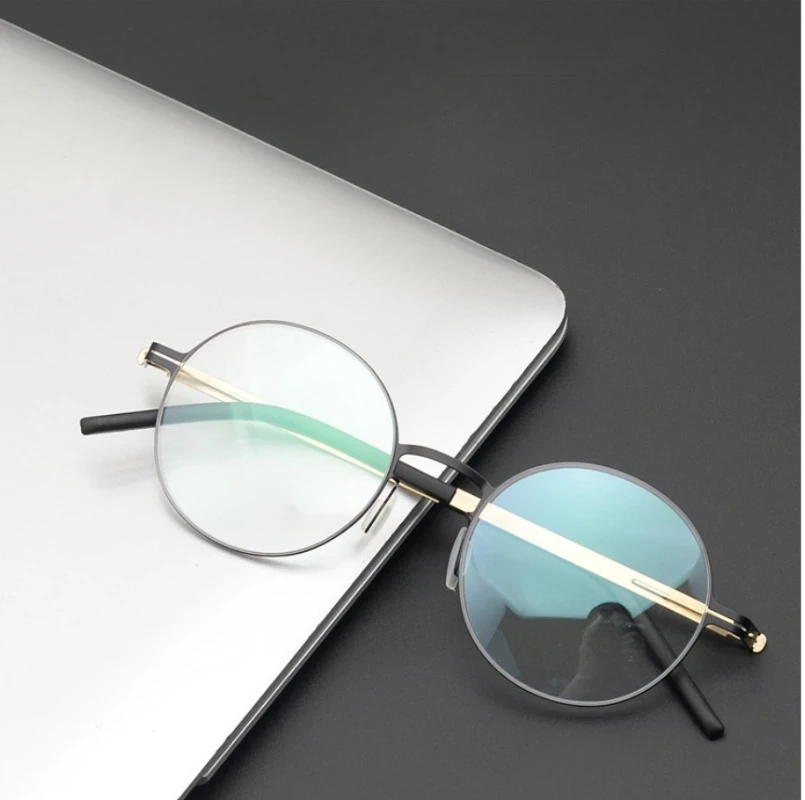 

Business Retro Round No Screw Women Handmade Prescription Medical Stainless Steel Ultra-Light Eyewear Frames for Men Blue Light