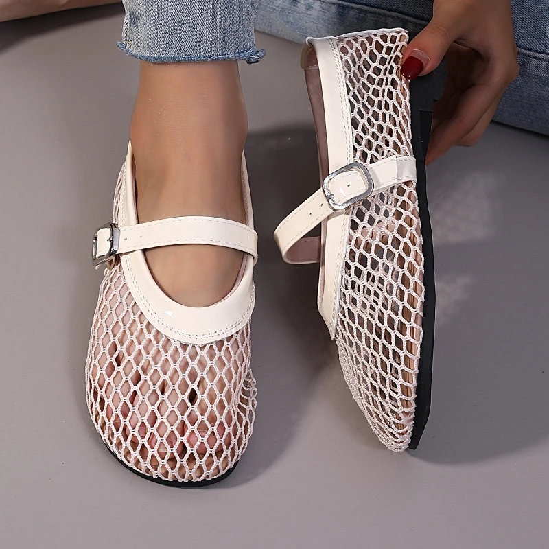 ​2025 New Women's Black Mesh Evening Flats - Silver Buckle Mary Jane Shoes with Fishnet Detailing & Gift Box image 3
