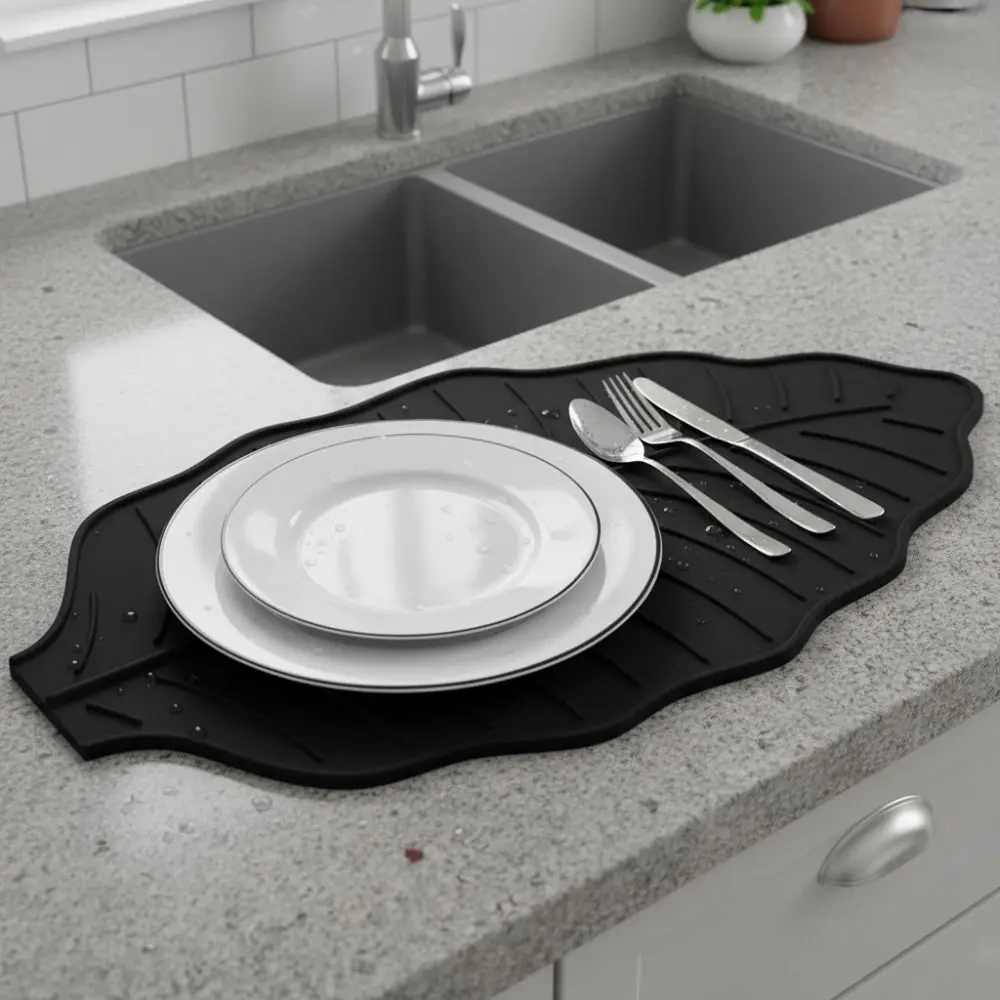 Silicone Leaf Shape Kitchen Dish Draining Mat Heat-Resistant Non-Slip Kitchen Dish Drying Mat Water Guide Groove Thickened