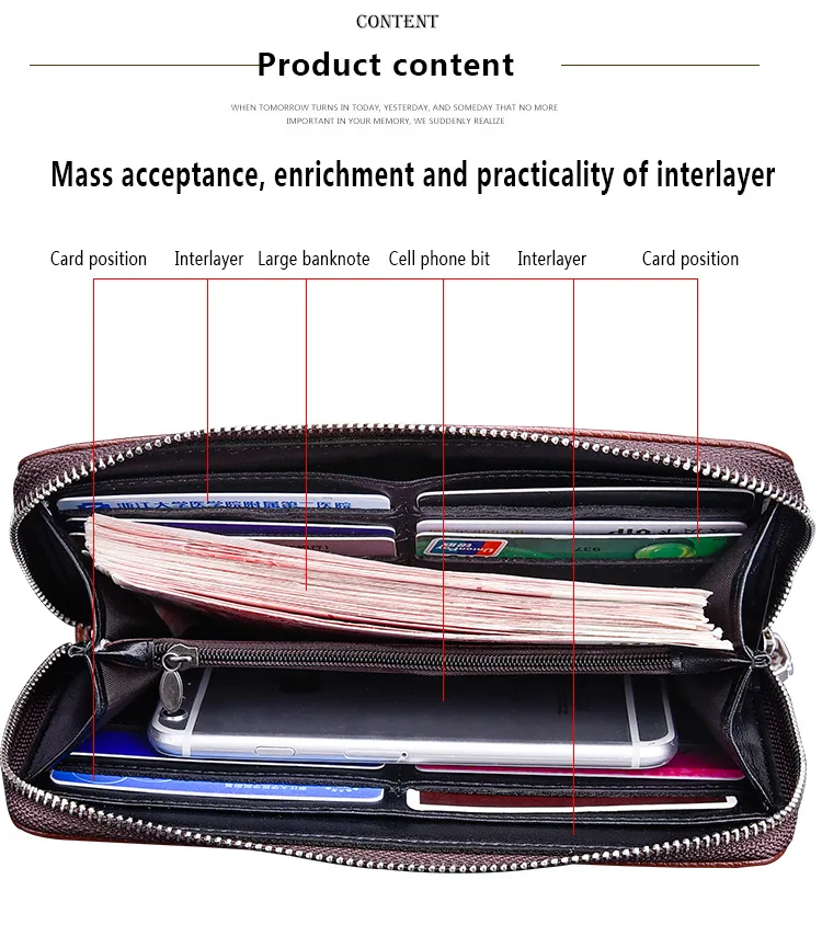 Fashion Men\'s Long Mobile Phone Bag Business Leather Multi Function High Capacity Zipper Wallet with Hand Belt