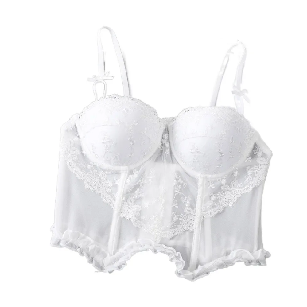 

Fashion Mesh Lace Flower Camisole Transparent Sleeveless Slim Crop Tops Sweet Ruffle Lace Bow Corset Ladies