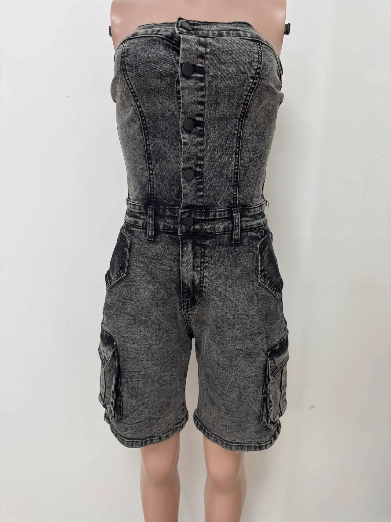 Damen Denim Jumpsuits Einteiler Trägerlos Ärmellos Jeans Overalls Hosen Strampler Y2k Streetwear Kurze Jumpsuits mit Taschen