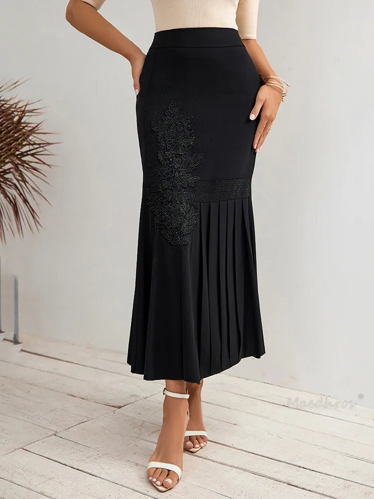 Women's Luxury Long Skirts Floral Net Pleated Design Skirts Fashion Special Occasions Female Bottoms Ladies Elegant Party Skirts