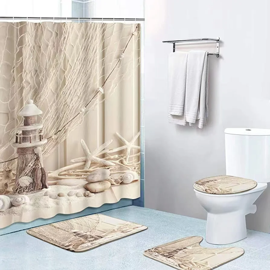 Beach Beige Fabric Shower Curtains Lighthouse Starfish with Non-Slip Rug Toilet Cover and Bath Pad Bathroom Decor Set With Hooks