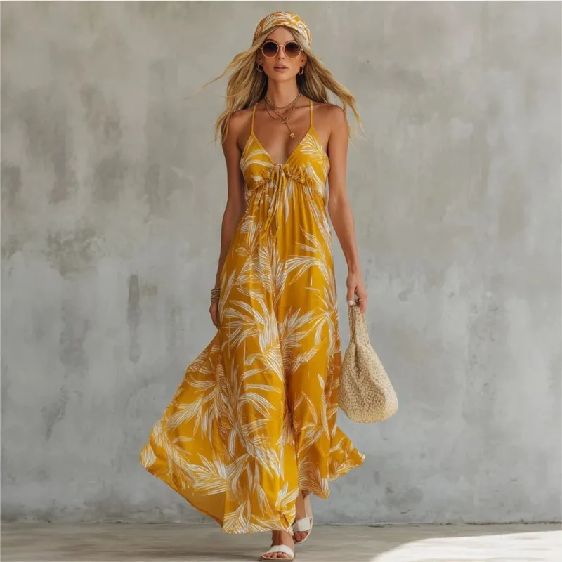 

Bohemian Fashion Printed Women's Camisole Dress Summer Sexy Backless Deep V-neck Dresses Ladies Vacation Style A-line Vestidos