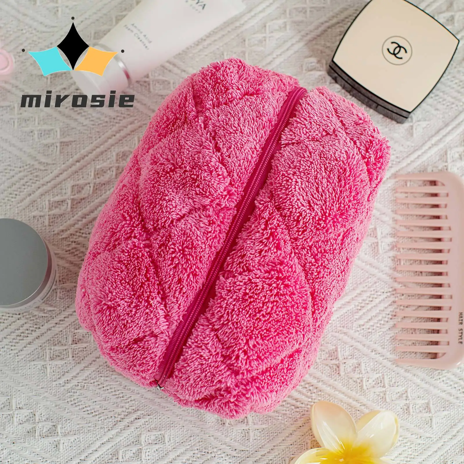 MIROSIE Fashion Fluffy Makeup Bag Travel  Portable Large Capacity Wash Bag Cosmetic Skin Care Product Storage Bag Pouch Rose Red