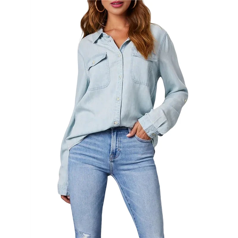 

CGS-Женские джинсовые рубашки на пуговицах, повседневная блузка с длинным рукавом и v-образным вырезом, топ