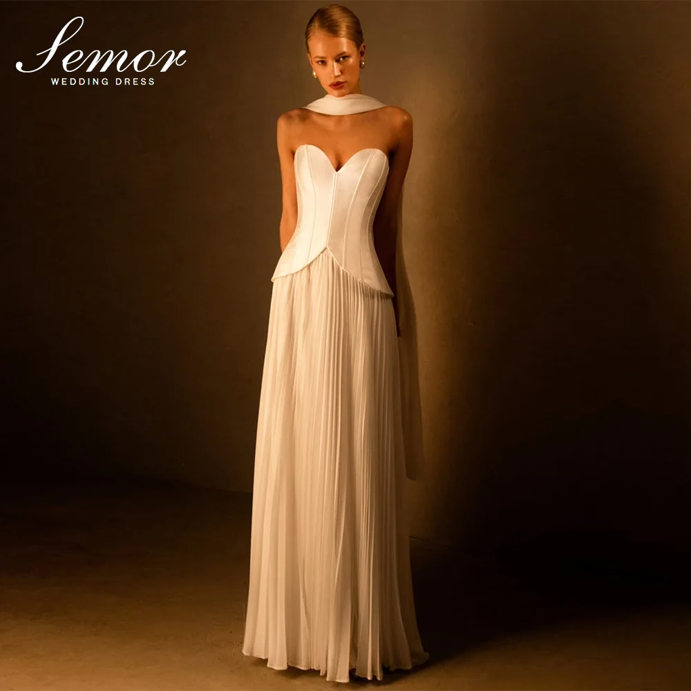 Semor Einfaches A-Linien-Satin-Hochzeitskleid mit Schal 2026 Chiffon Sweetheart Ärmelloses Rüschen-Brautkleid mit Schnürung Maßanfertigung