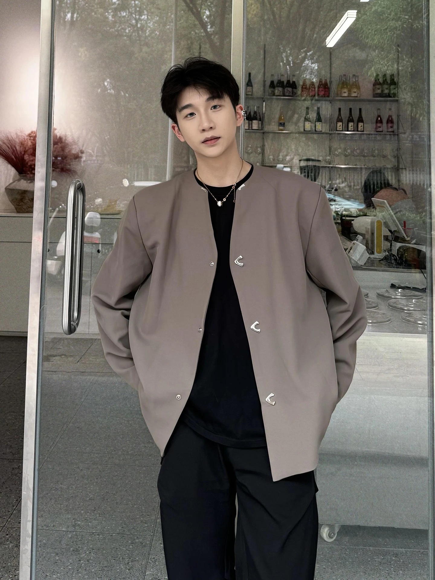 

Мужская осенняя верхняя одежда Cleanfit: металлическая синяя куртка с мягкой подкладкой на плечах, без воротника, в американском стиле, премиум-класса