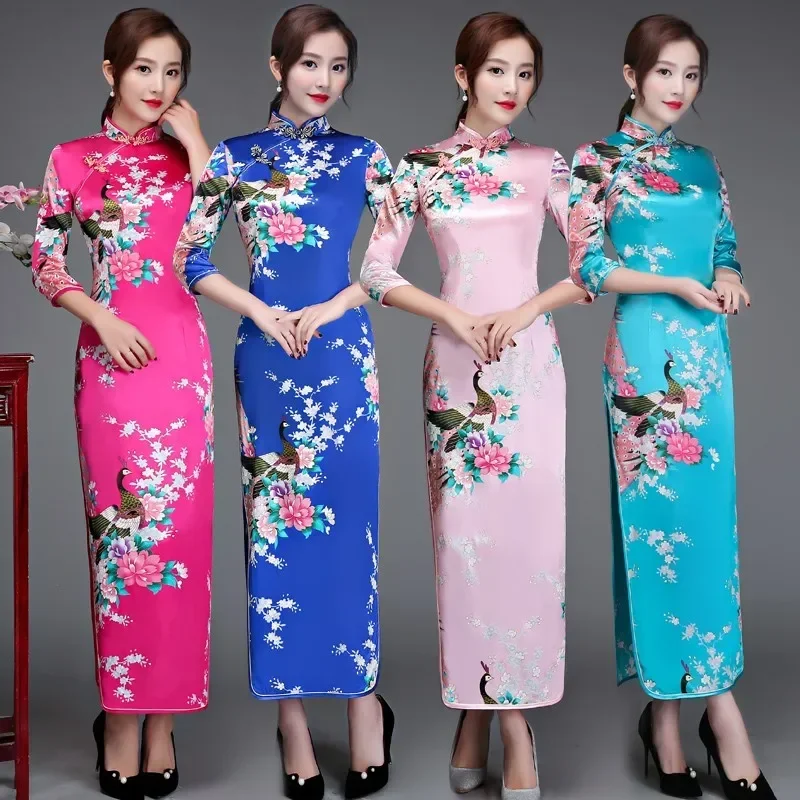 Maat 6xl Bloemen & Pauw Chinese Lady Cheongsam Qipao Print Bloem Sexy Lange Jurk Bruid Trouwavond Feestjurk Vestidos