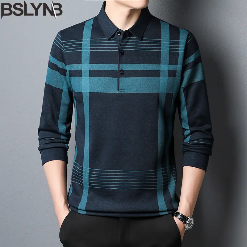 Polo Shirt Men's Long-sleeved Tshirt Casual Office Section Stripe Shirts Pullover Polos