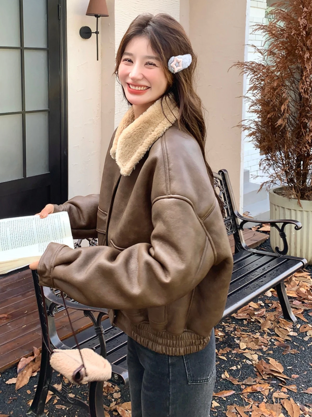 Cálido Thiened Piel marrón Jaet mujer invierno Fce forrado motocicleta Sle eepskin abrigo de cuero calle fresco dulce