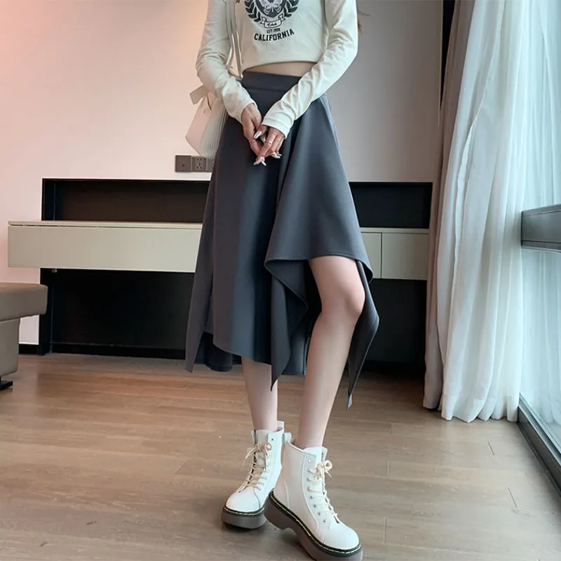 

Korean Fashion Asymmetrical Midi Skirts Women 2025 Summer High Waist Loose A-Line Skirt Elegant Chic Office Lady Suit Skirt