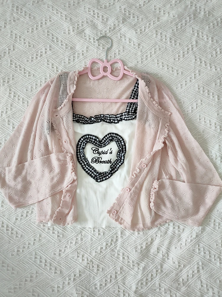 Cute 2 Piece Tops Women Cardigans and Crop Tops for Sweet Girls Cute Heart Shaped Tops Cat Cropped Kawaii Clothes