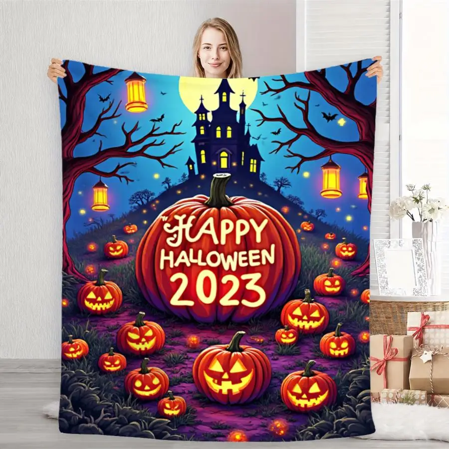 Spooky Ghost Haunted House Tombstone Bat Pumpkin Lantern Night Scene Print Flannel Throw Blanket Soft Warm Blanket