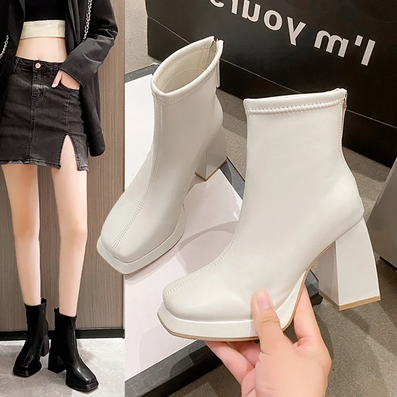 Women Ankle Boots Platform Square High Heel Ladies Short Boots Patent PU Leather Round Toe Women\'s Boots 2023 Shoes for Women