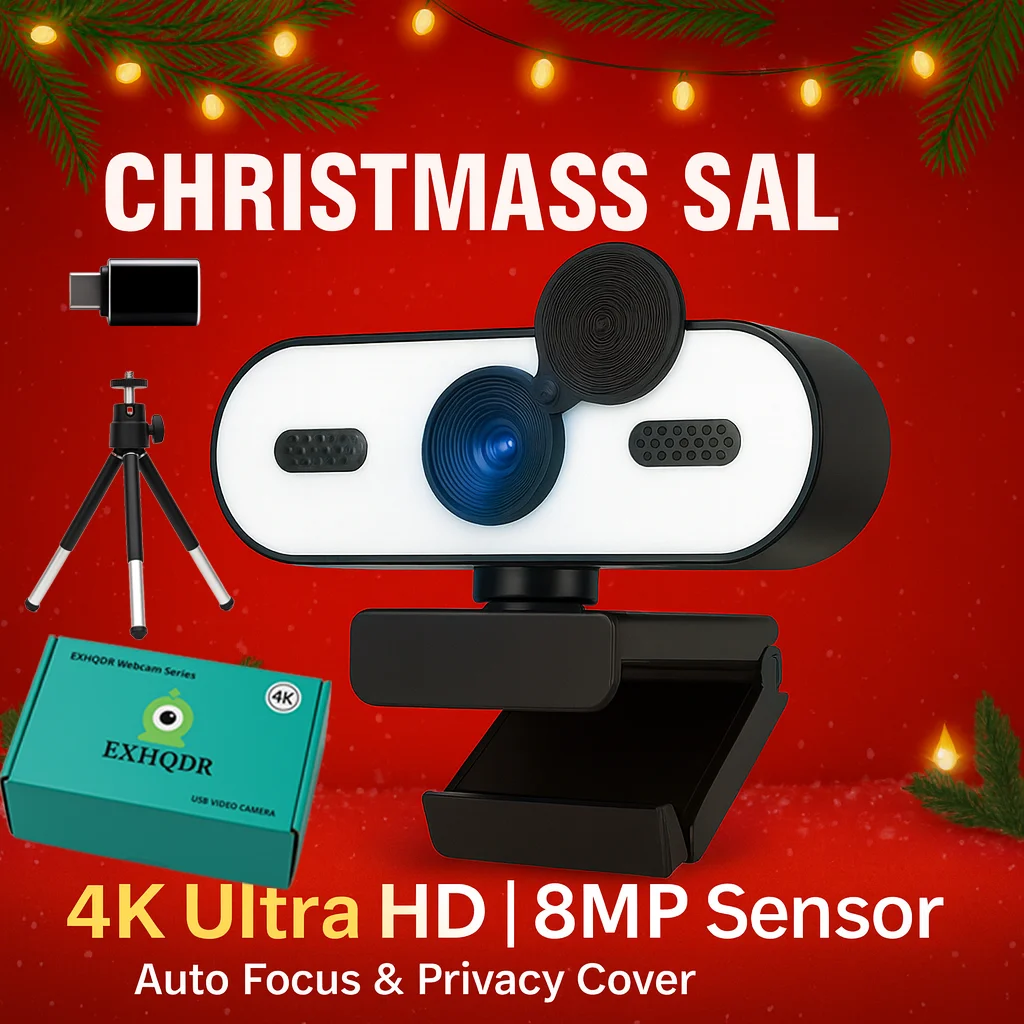 

4K UHD Webcam with Autofocus, 3-Level Ring Light, Privacy Cover, 360° Rotation, Tripod, Plug & Play for Streaming & Video Calls