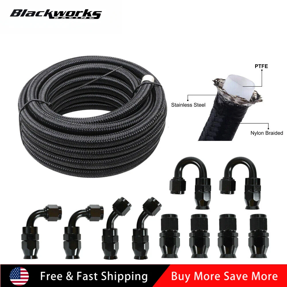 

6AN Black Nylon E85 PTFE Fuel Line 30FT with 6 or 10 Fittings Hose Kit
