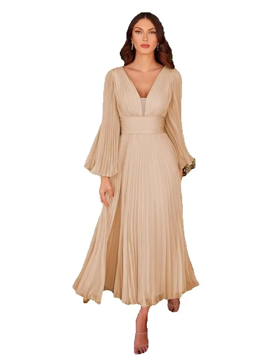 

Elegant Double V-neck Chiffon Pleated Tea Length Dress With Long Flare Sleeves