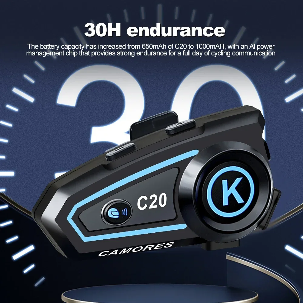 C20 Bluetooth Motorcycle Helmet Headset Stereo Hands Free Call Waterproof Roise Reduction Earphone with Tri-Color Ambient Light image 6