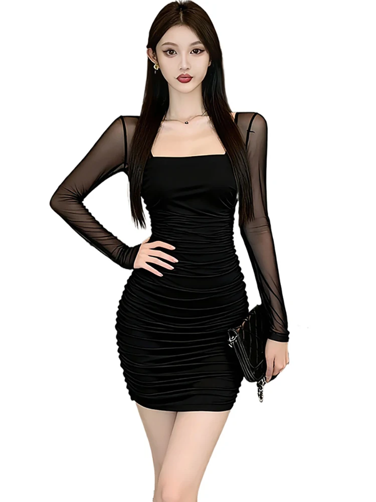 2025 ブラック パッチワーク メッシュ シアー 長袖 セクシー ドレス レディース ヴィンテージ ラグジュアリー パーティー ドレス 秋冬 エレガント ボディコン プロム ドレス