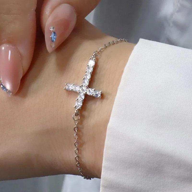 925 Sterling Silver Cross Bracelet For Women Crystal Cross Minimalist Unique Design Office Jewelry Gift Dropshipping