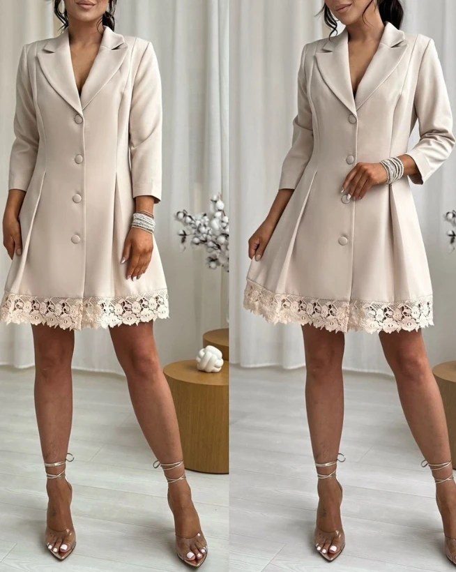 

Women's Urban Dress 2024 Autumn Winter Latest Lapel Neck Button Down Ruched Lace Trim Mini Blazer Dress Long Sleeve Short Skirt