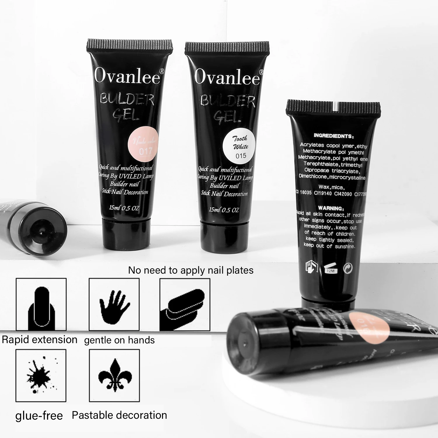 Ovanlee 12-Piece Nude Builder Gel Set – 15ml Form-Free Nail Extension Gel, High Capacity (Up to 40-50 Nails), Multi-Layer Glossy/Matte/Glitter Art, Beginner Friendly