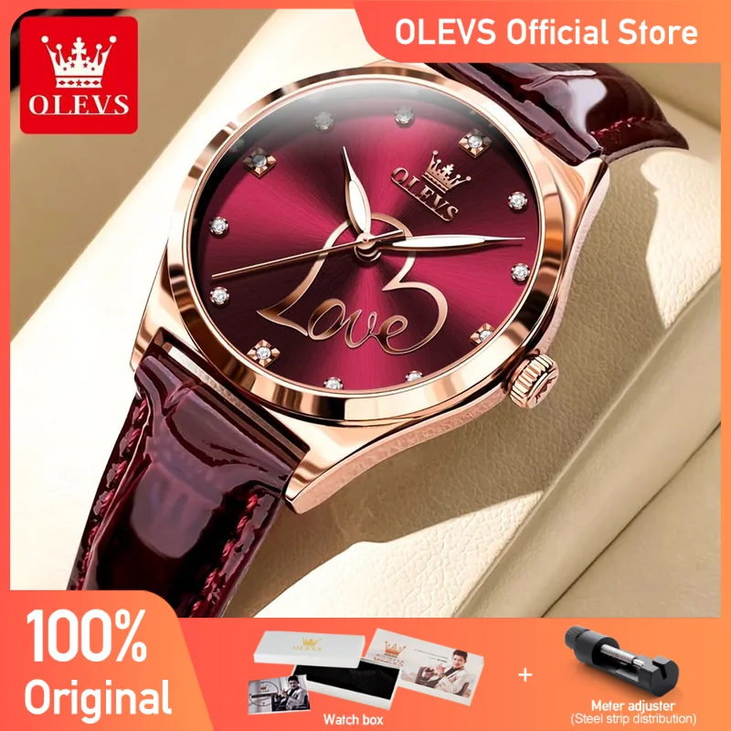 OLEVS-relojes de lujo para mujer, correa de cuero, resistente al agua, luminoso, marca Original, Conjunto de reloj para mujer con diamantes, dar amor