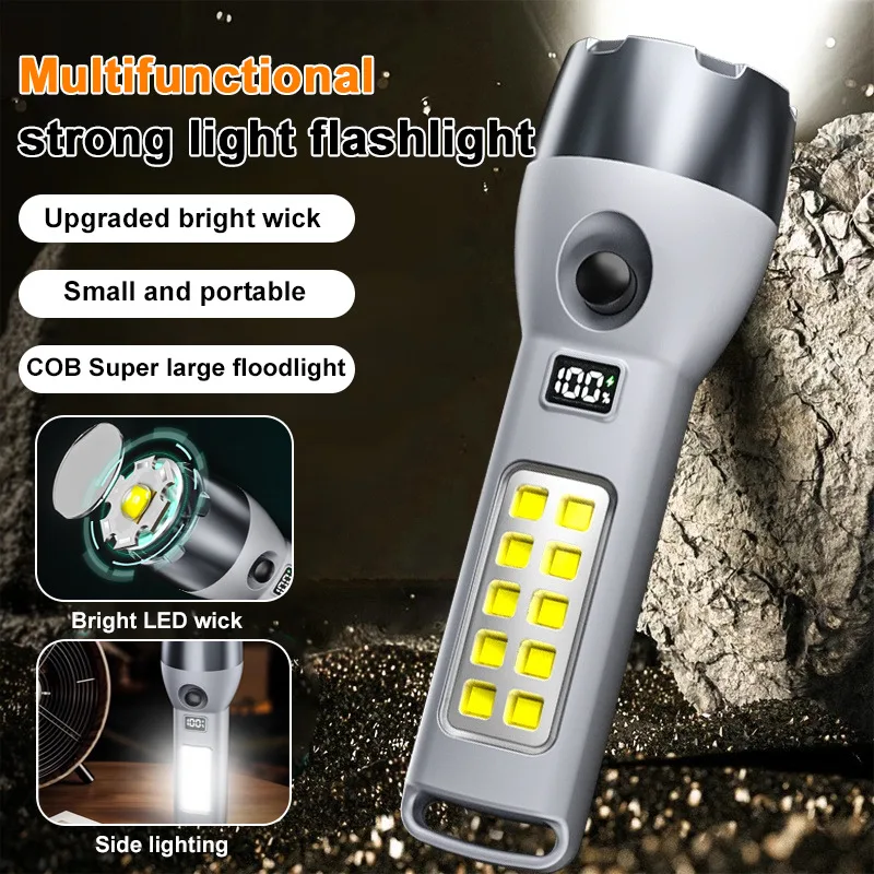 Solar Flashlight Multifunctional Travel Searchlight Strong Light Ultra Long Standby with COB Side Light USB Rechargeable