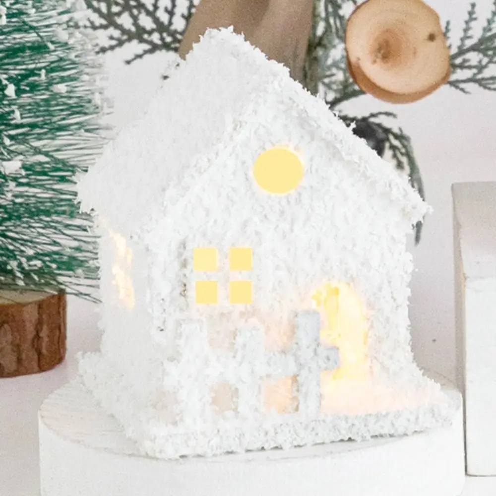 Ornament Mini Christmas LED Light Wooden House Luminous White Glowing Castle with Snowflake Christmas Tree