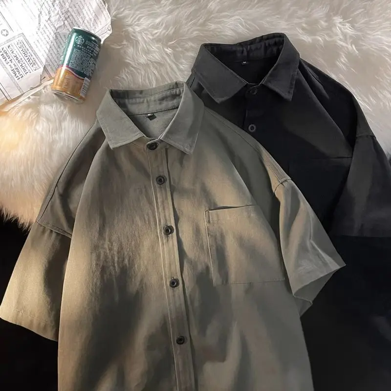 Camisa retro de manga corta para hombre, camisa holgada de media manga, estilo coreano, nicho versátil, tops guapos de moda, estilo Hong Kong, Verano