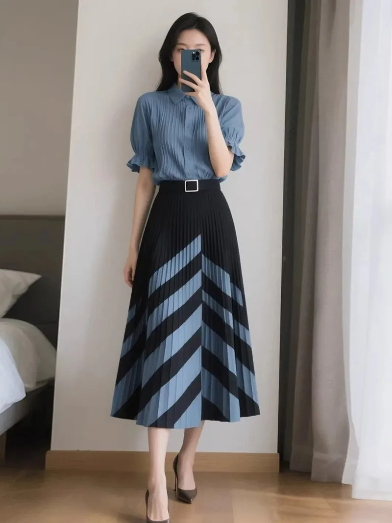 

Women Elegant 2 Piece Set Summer Pleated Shirt Top & High Waist Striped Midi Skirt Commuter Office Outfit