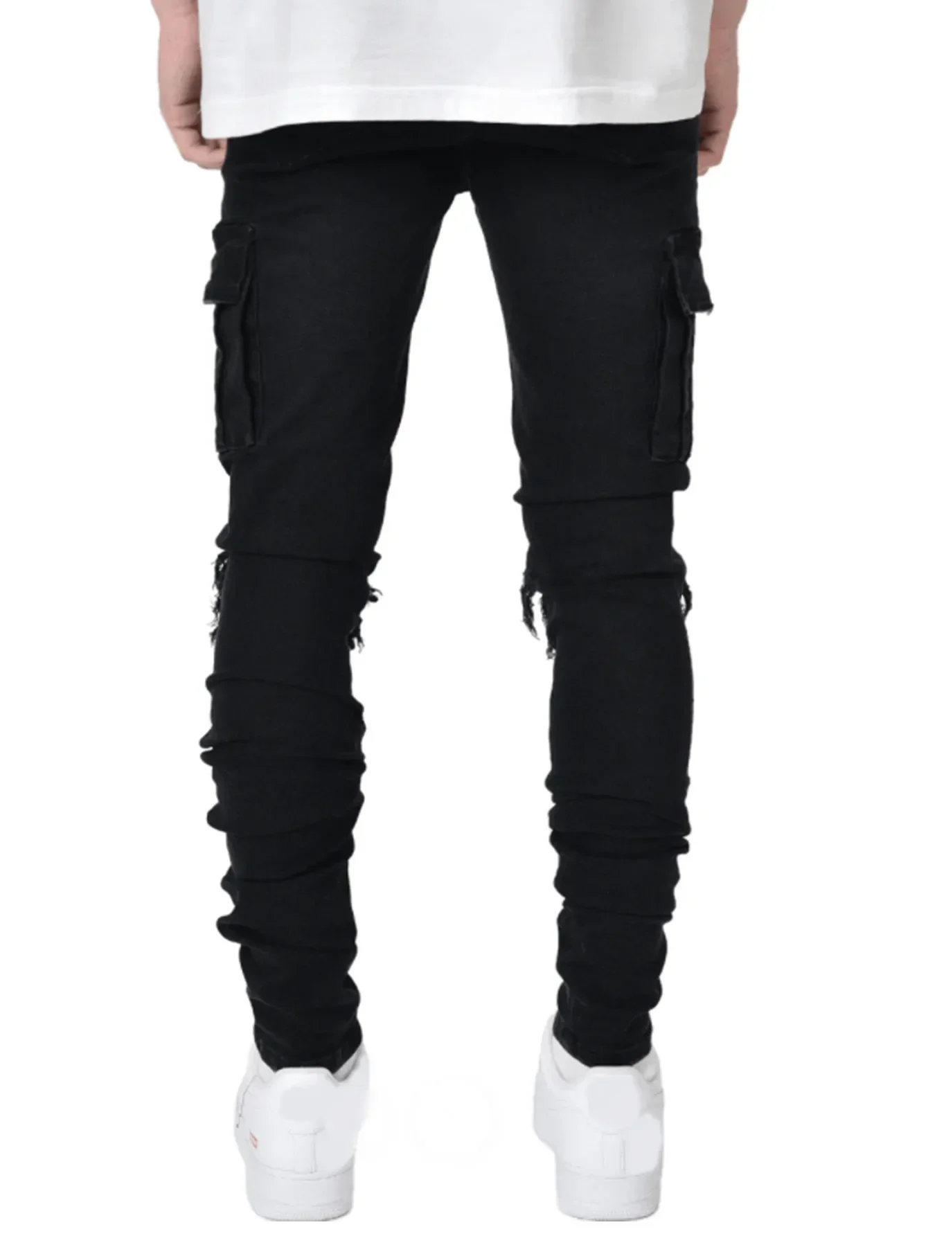 New Denim Mens Pants with Holes Trendy Black Slim Fit Denim Small Leg Jeans for Men